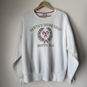 Christmas Sweatshirt Womens Size L Santa's Workshop North Pole Ivory Lounge